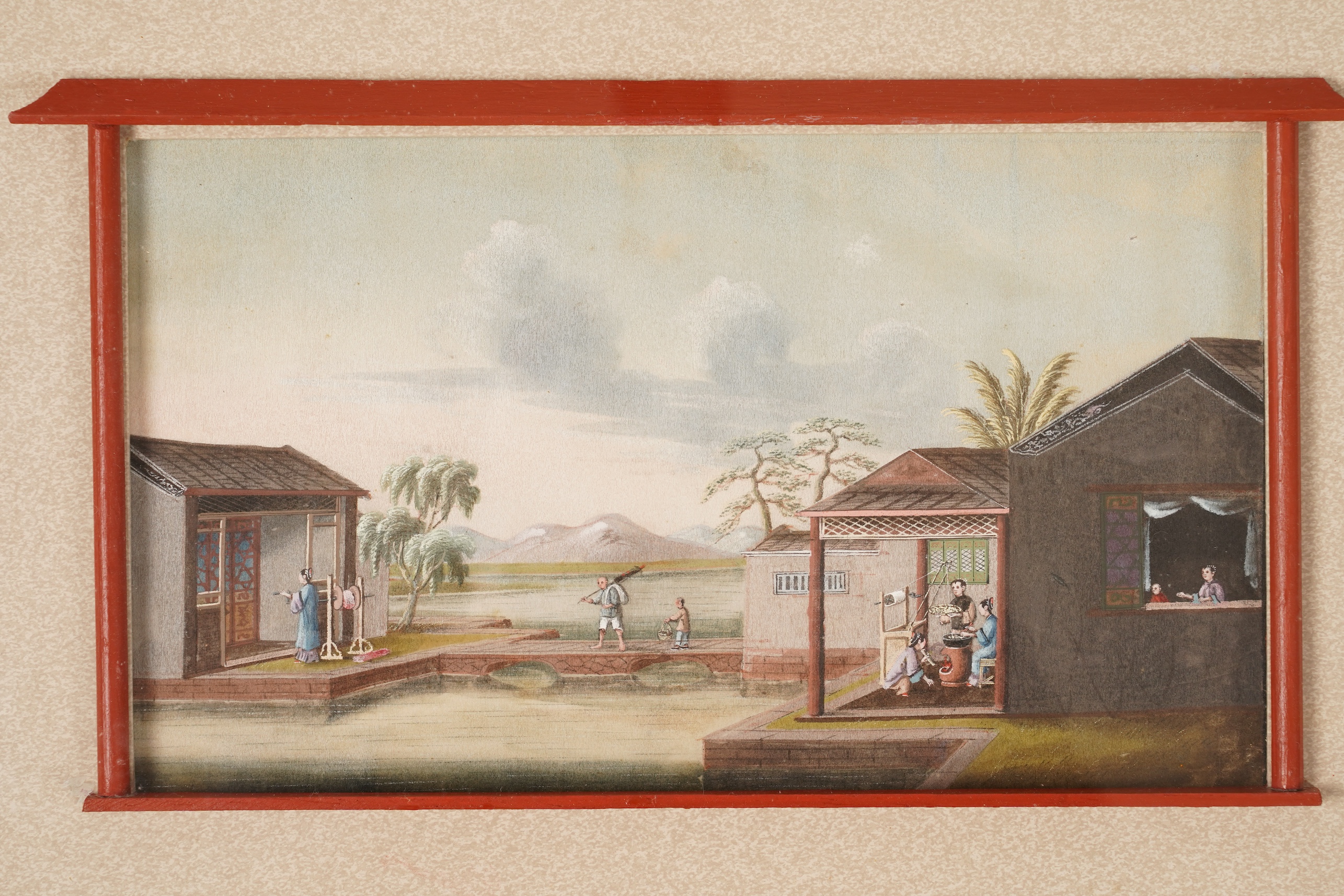 Circle of Youqua , Chinese (Mid 19th century), Scenes of rice or tea production, Six watercolours on pith paper, Image 12cm x 22.5cm